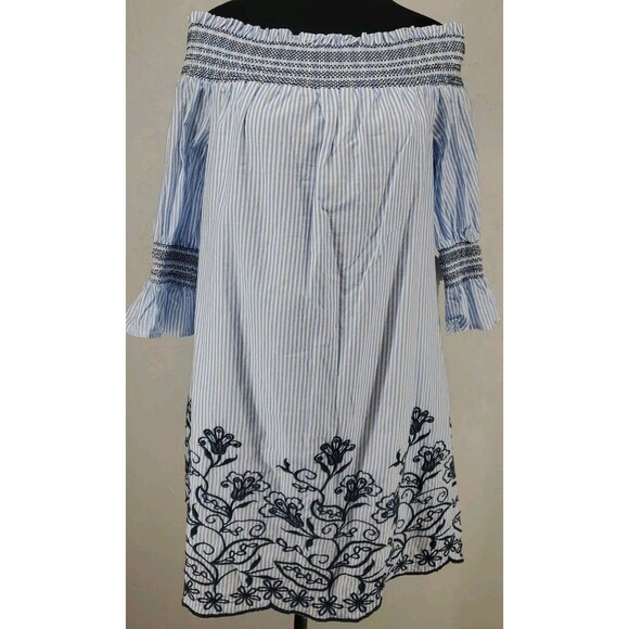 Preppy Traditional Seersucker Off the Shoulder Dress | NWT Altar'd State Small - Picture 1 of 9